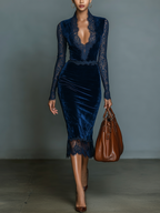 🌸 Elegant & Fashionable Dark Blue Velvet Slim-Fit Midi Dress for Women with V-Neck Lace Detail and Sleeves