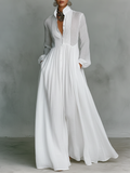 ESSENTIAL - Maxi Minimalist Dress in Cotton & Linen with Patchwork, High Collar and Long Sleeves