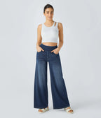 Ivy High Waisted Pockets Baggy Wide Leg Washed Casual Jeans