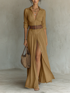 ESSENTIAL - Long Maxi Dress with Notched Collar and Long Sleeves for Women