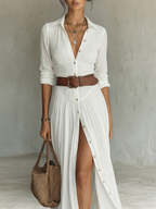 ESSENTIAL - Long Maxi Dress with Notched Collar and Long Sleeves for Women