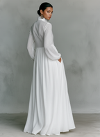 ESSENTIAL - Maxi Minimalist Dress in Cotton & Linen with Patchwork, High Collar and Long Sleeves