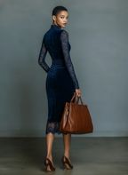 🌸 Elegant & Fashionable Dark Blue Velvet Slim-Fit Midi Dress for Women with V-Neck Lace Detail and Sleeves