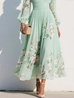 Alicy | Light Green V-Neck Chiffon Pleated Floral Midi Dress