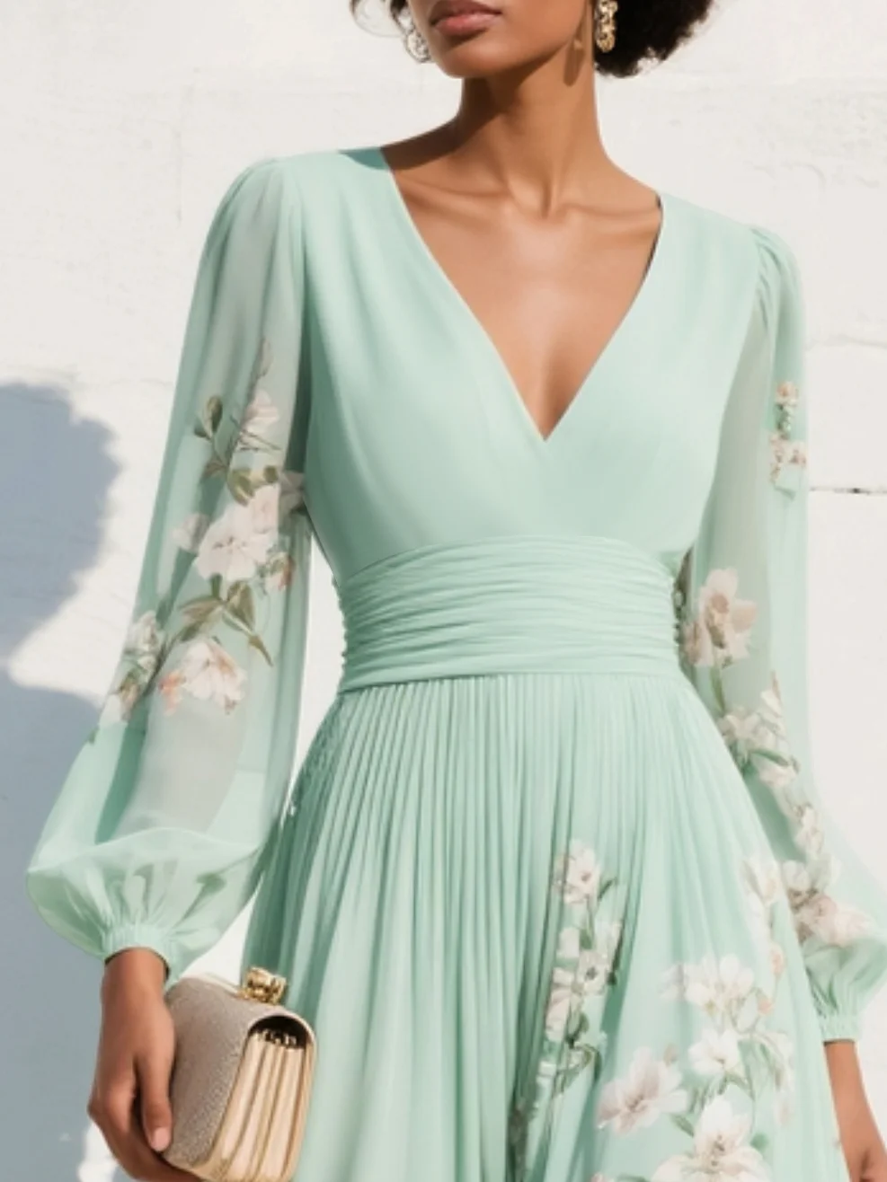 Alicy | Light Green V-Neck Chiffon Pleated Floral Midi Dress