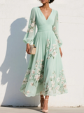 Alicy | Light Green V-Neck Chiffon Pleated Floral Midi Dress