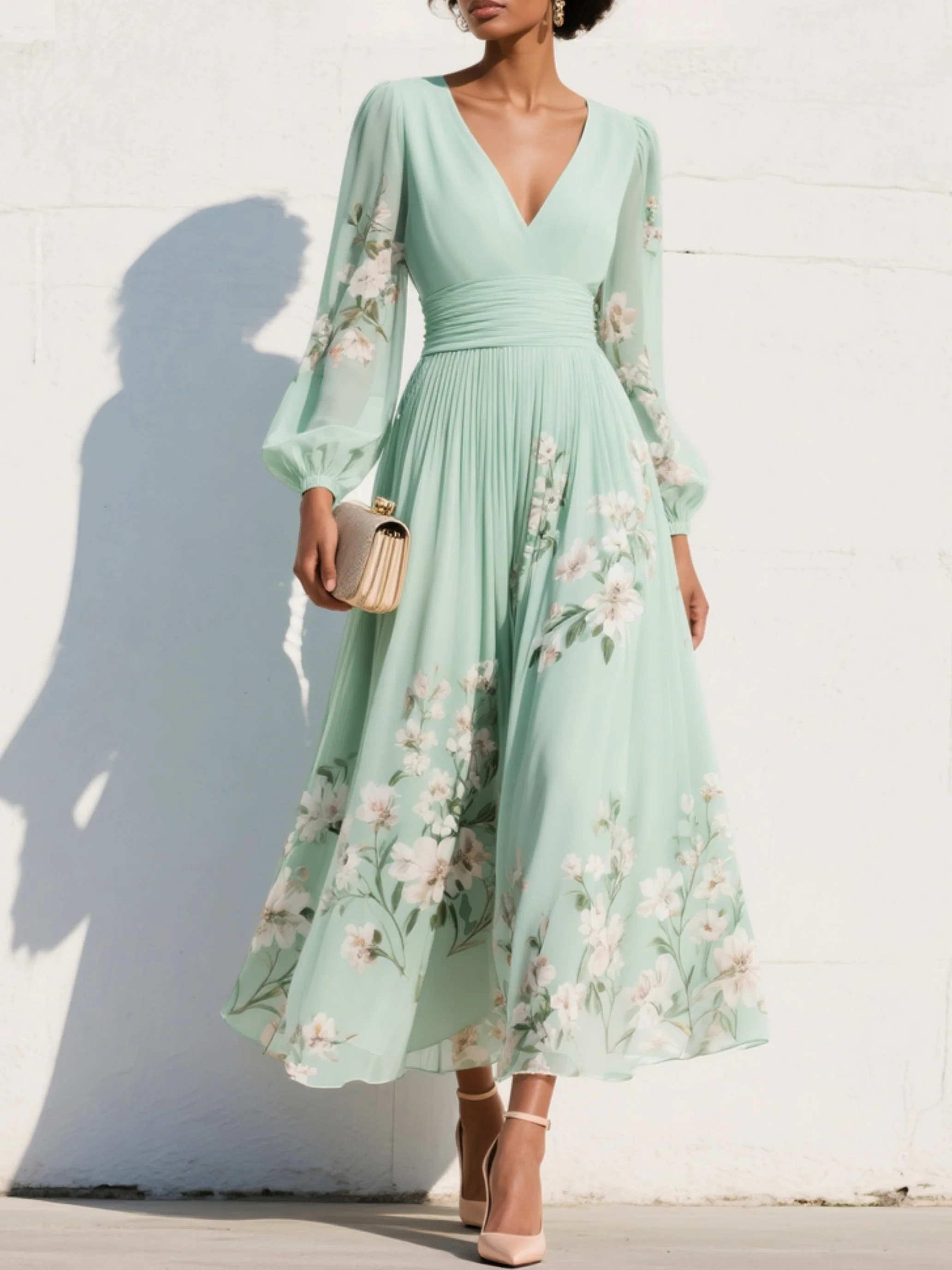 Alicy | Light Green V-Neck Chiffon Pleated Floral Midi Dress