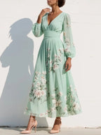 Alicy | Light Green V-Neck Chiffon Pleated Floral Midi Dress