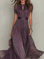 ESSENTIAL - Flavia • Long Purple Dress with Keyhole Neckline & Chiffon Lace Trim