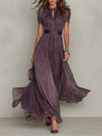 ESSENTIAL - Flavia • Long Purple Dress with Keyhole Neckline & Chiffon Lace Trim