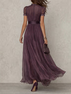 ESSENTIAL - Flavia • Long Purple Dress with Keyhole Neckline & Chiffon Lace Trim