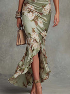 Alessandra | Asymmetrical Long Green Satin Dress
