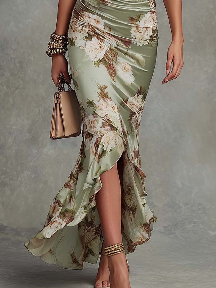 Alessandra | Asymmetrical Long Green Satin Dress