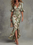 Alessandra | Asymmetrical Long Green Satin Dress