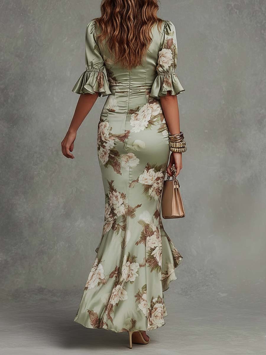 Alessandra | Asymmetrical Long Green Satin Dress