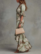 Alessandra | Asymmetrical Long Green Satin Dress