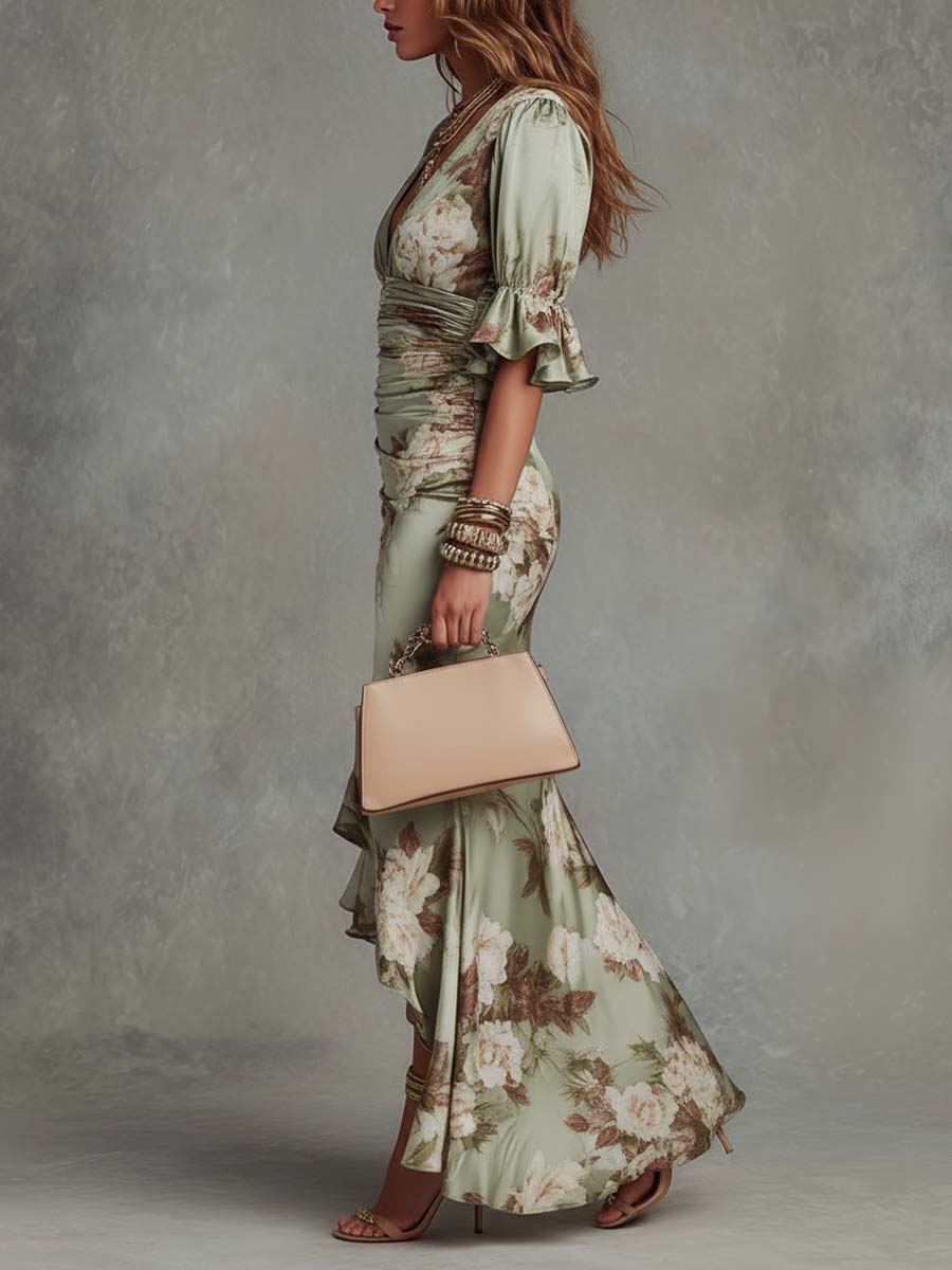 Alessandra | Asymmetrical Long Green Satin Dress