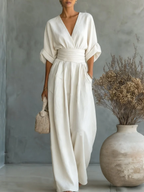 ESSENTIAL - Elegant V-Neck High-Waisted Jumpsuit