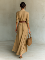 ESSENTIAL - Maxi Long Dress with Lapel Collar and Long Sleeves for Women
