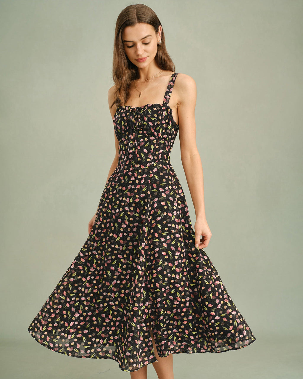 Floral Black A-Line Slip Dress