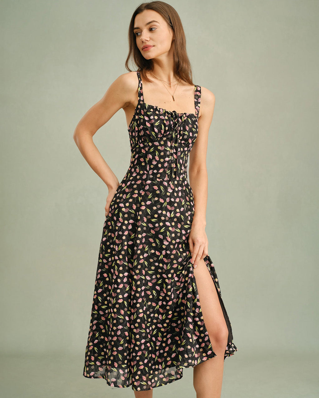 Floral Black A-Line Slip Dress